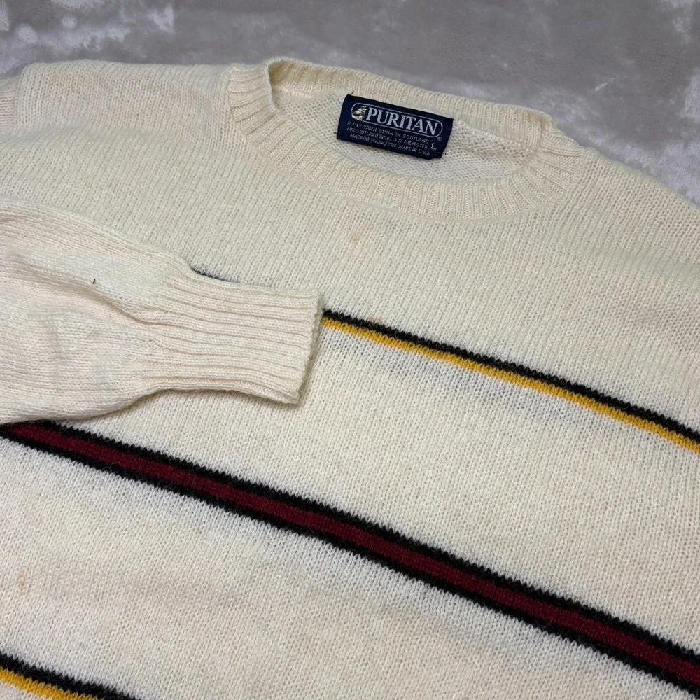 Vtg Puritan Shetland Wool Blend Sweater Size‎ L Striped Crewneck Made in USA